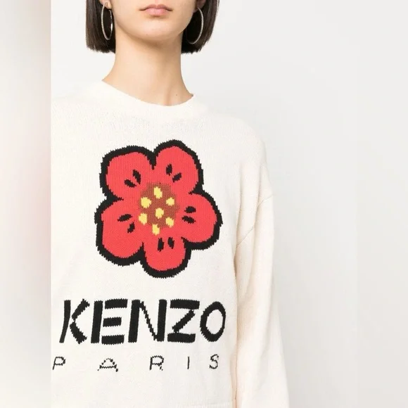 KENZO Logo Comfort Wool Sweater In White Size M